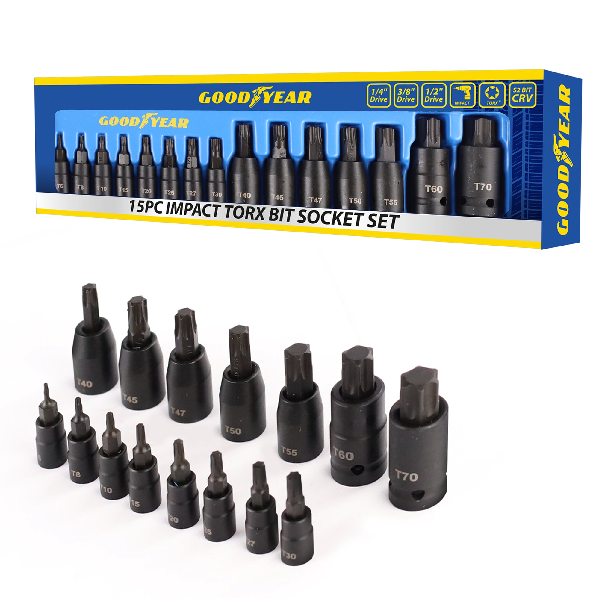 Goodyear 15pc Impact Torx Bit Socket Set 1/4 3/8 1/2 T6-T70 TRX-Star