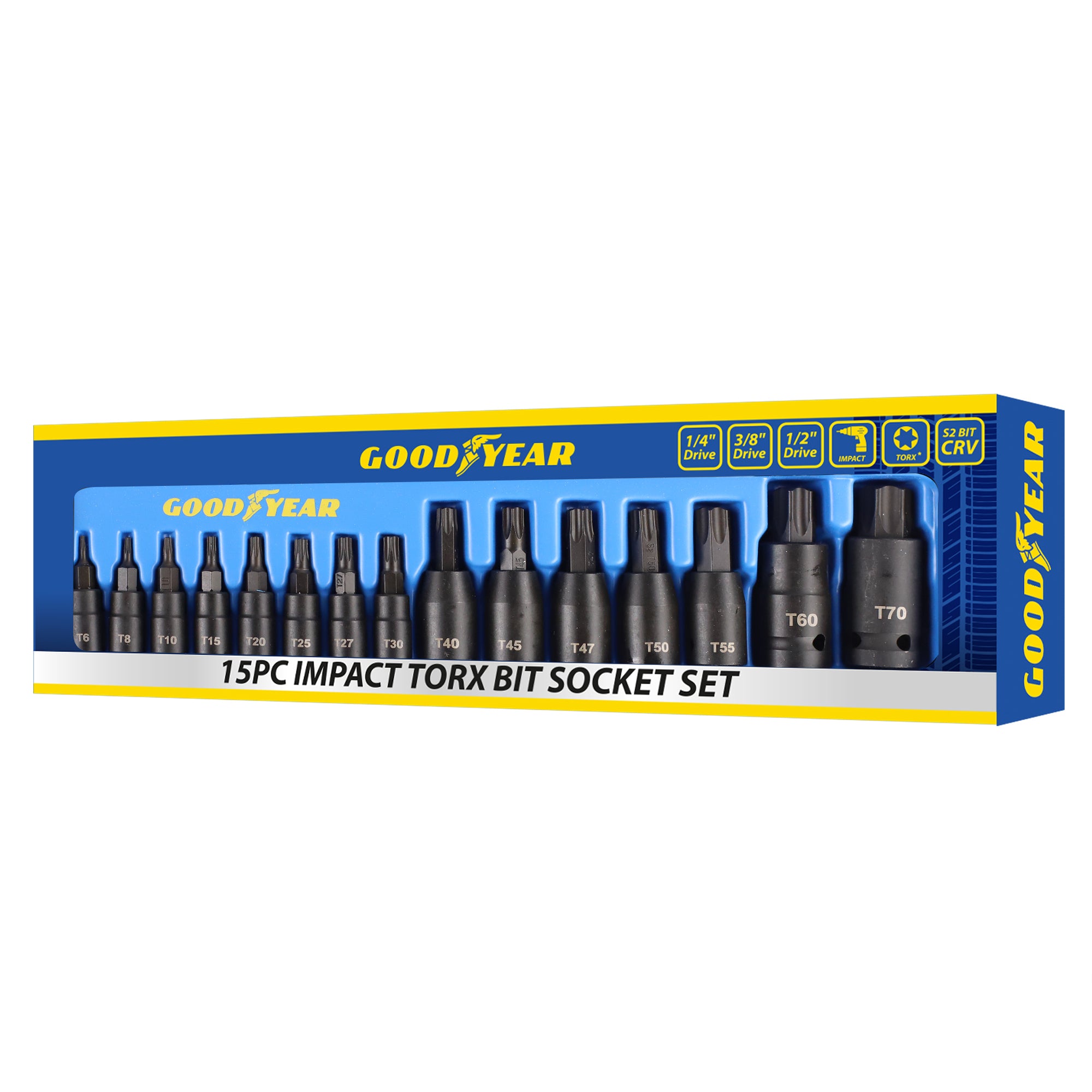 Goodyear 15pc Impact Torx Bit Socket Set 1/4 3/8 1/2 T6-T70 TRX-Star