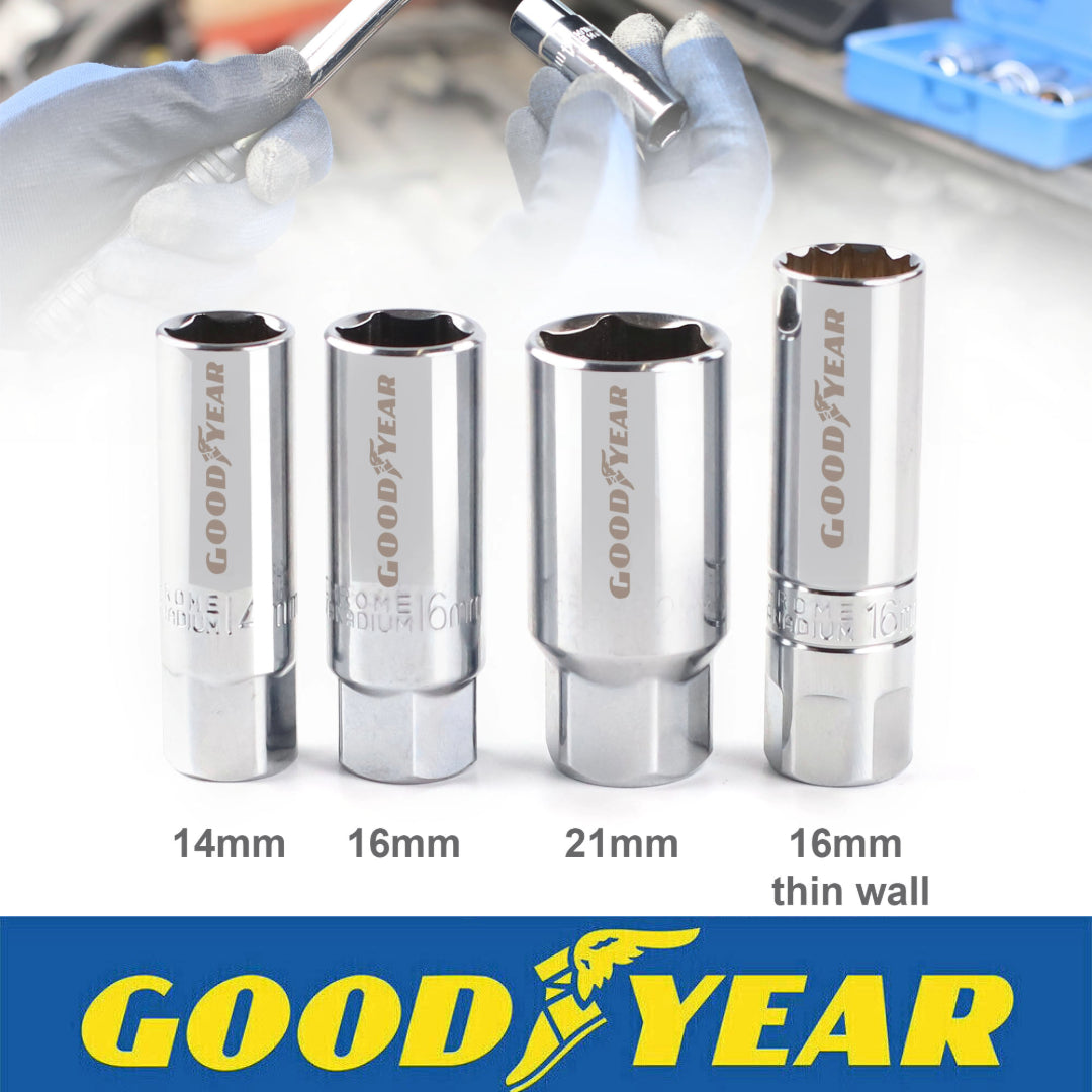 Goodyear 4pc Spark Plug Socket Set With Rubber Plug Retention External Hex