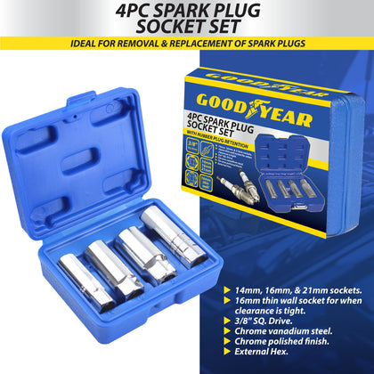 Goodyear 4pc Spark Plug Socket Set With Rubber Plug Retention External Hex