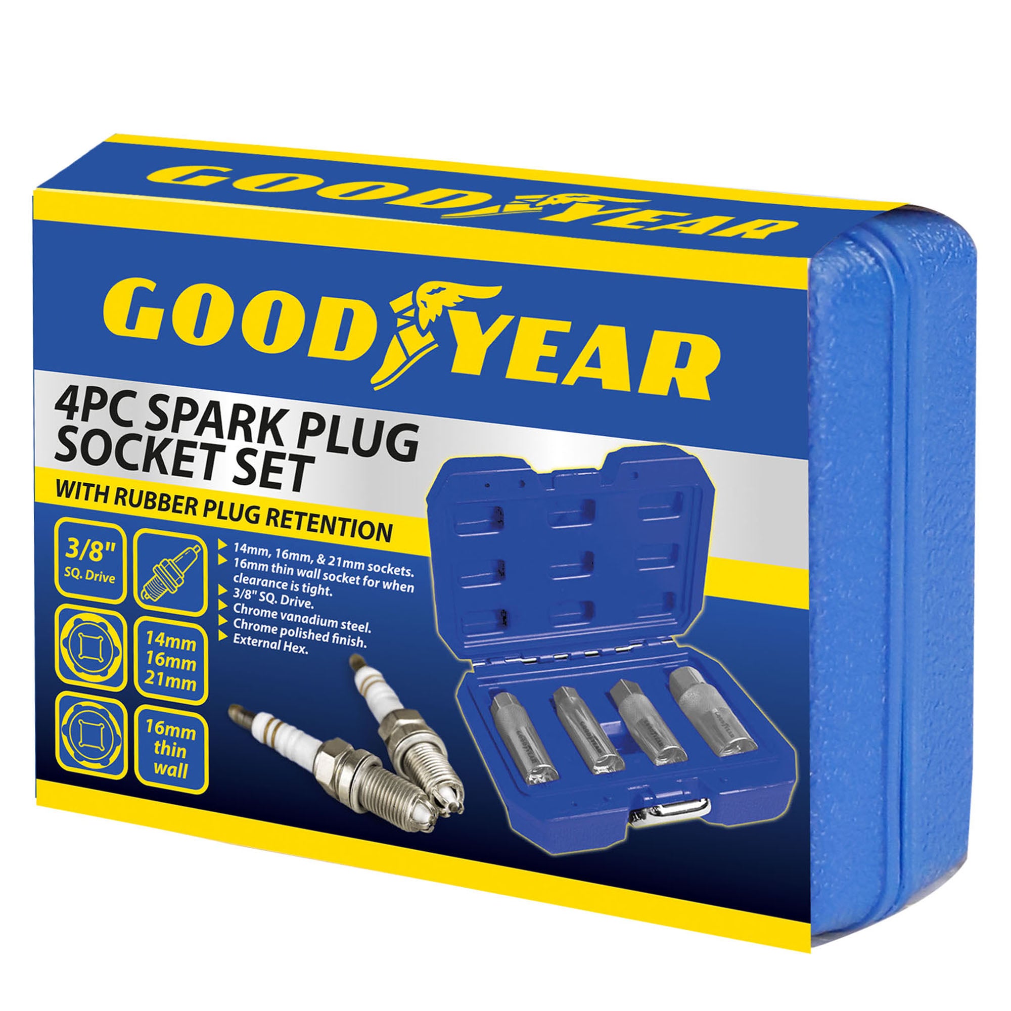 Goodyear 4pc Spark Plug Socket Set With Rubber Plug Retention External Hex