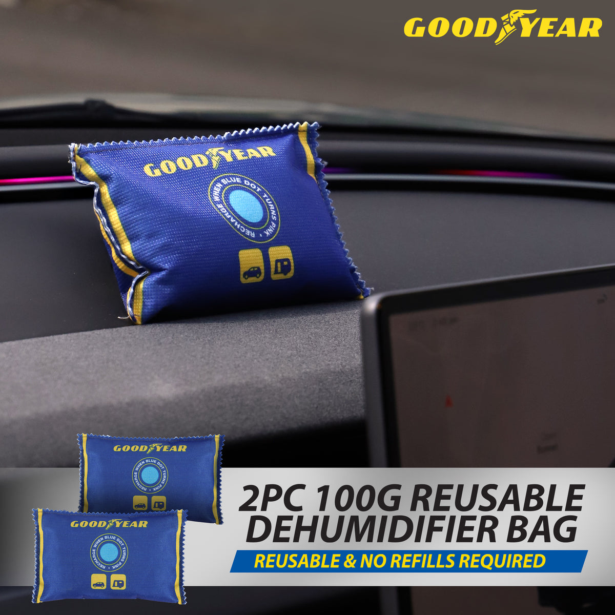 Goodyear 2 Pack Car Dehumidifier Bags Reusable Moisture Damp Absorber Anti Mist