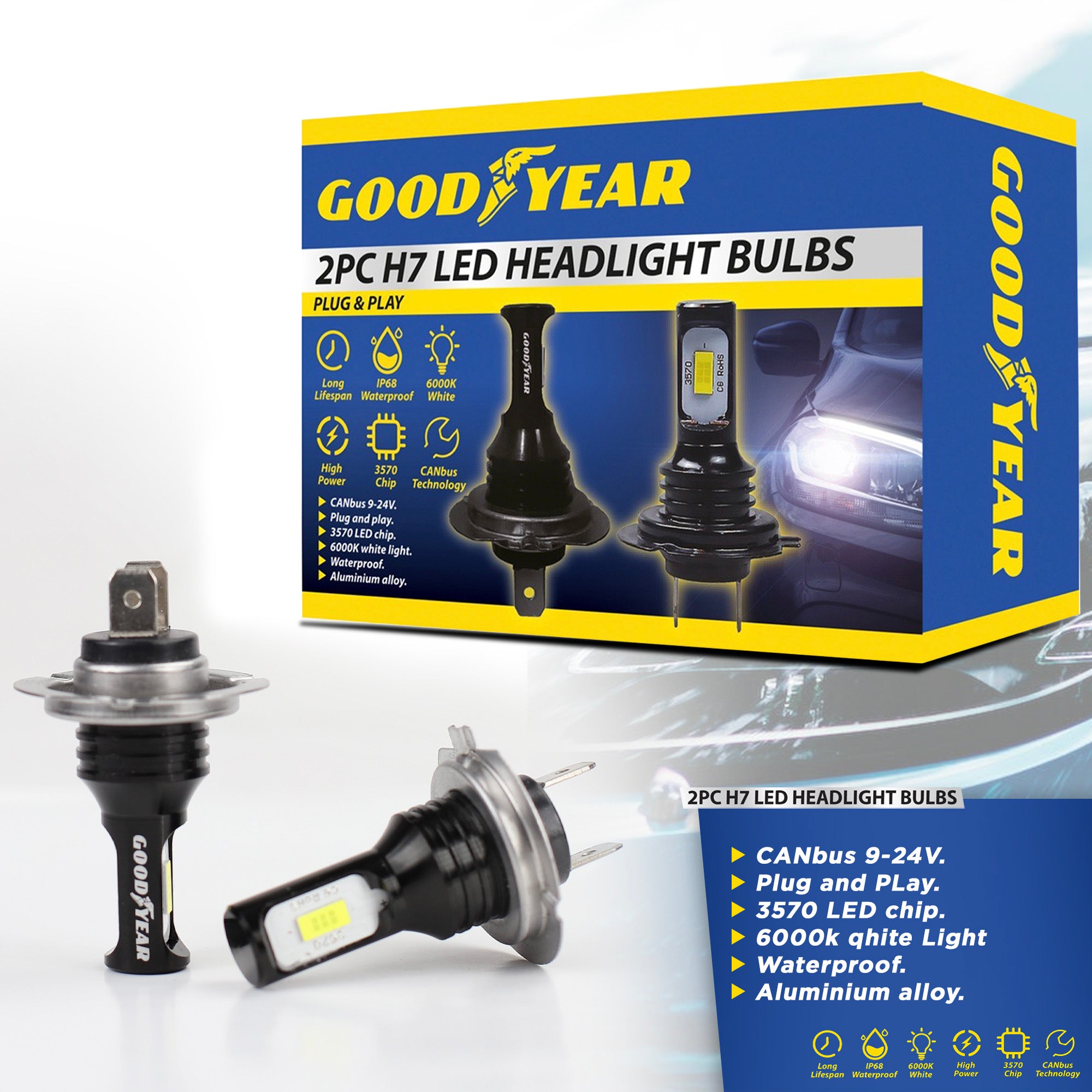 Goodyear 2 X H7 LED Car Headlight Bulbs Plug Play 6000K CANbus Replace Xenons