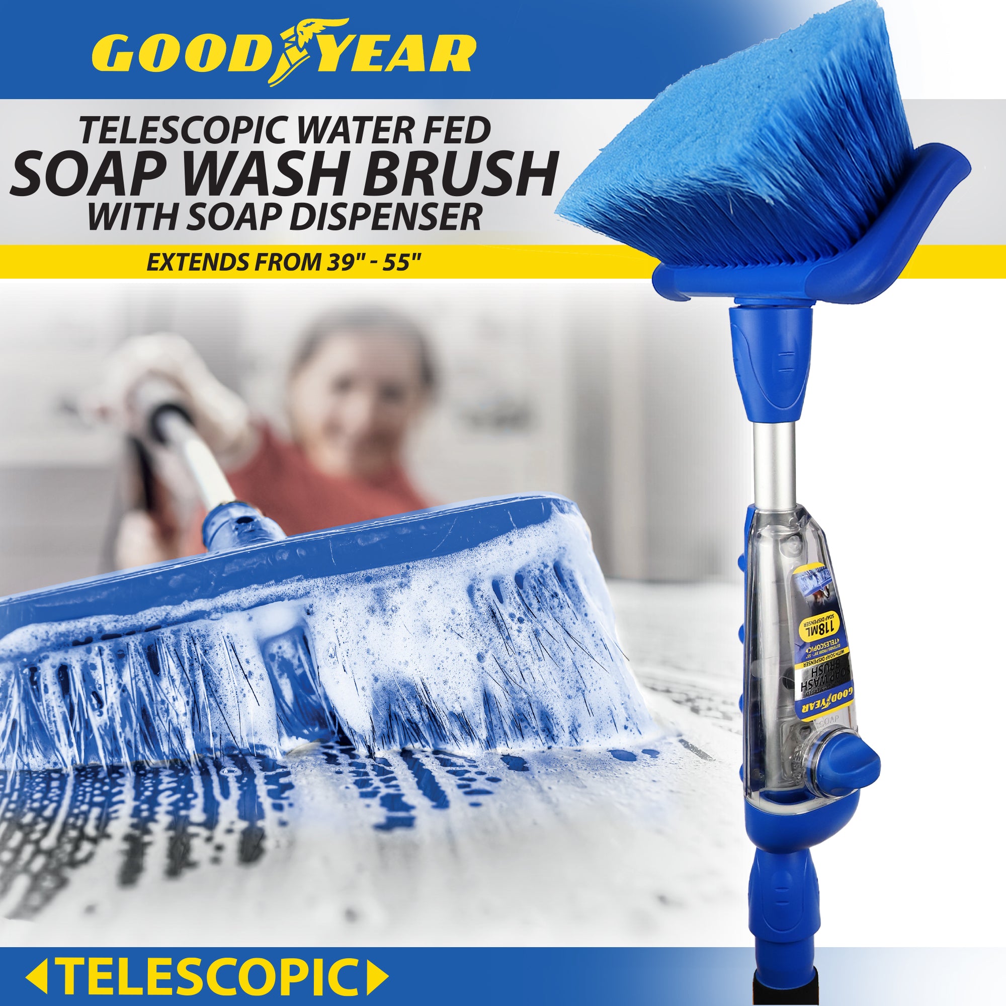 Telescopic Water Fed Wash Brush Cleaner with 118ml Soap Dispenser Extend 39