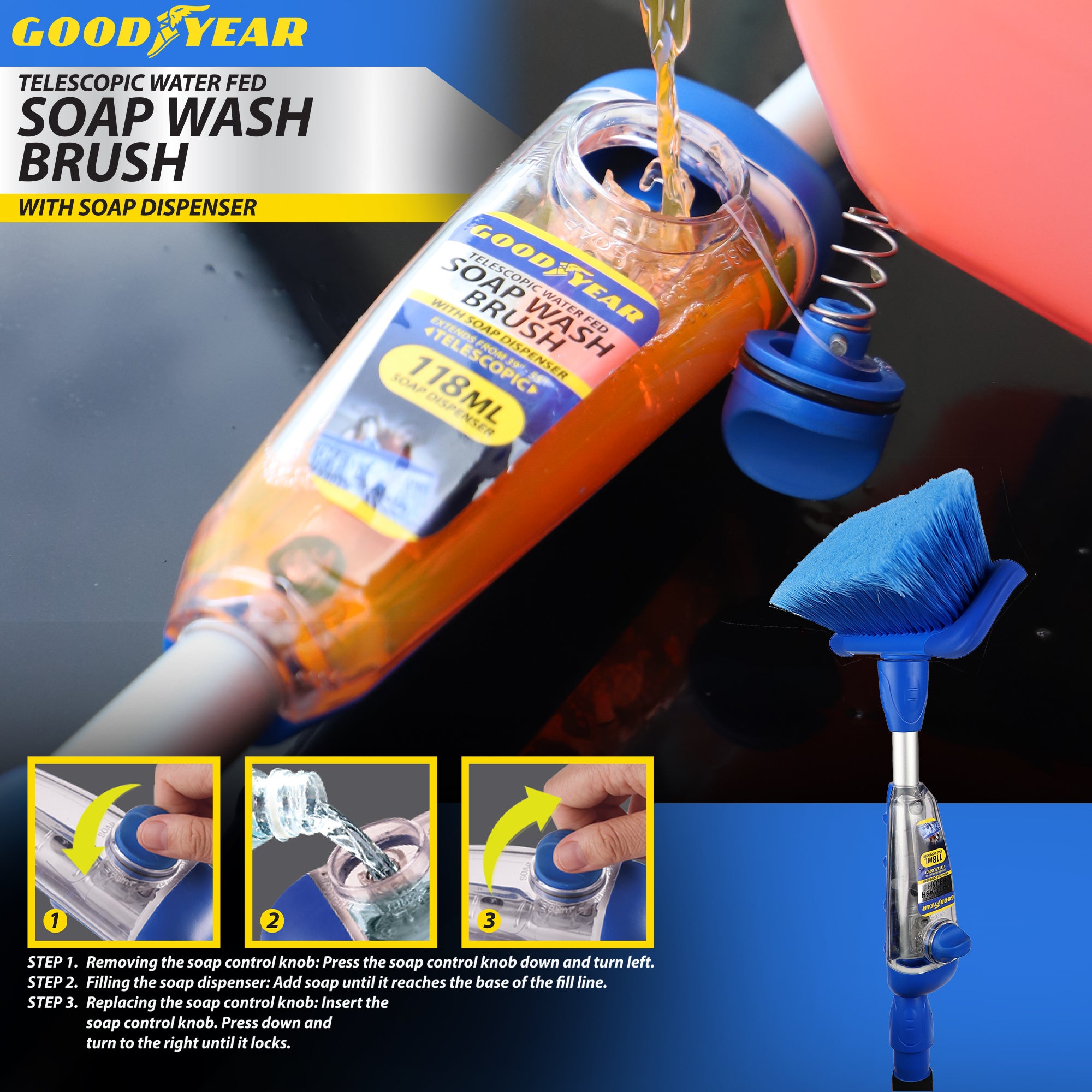 Telescopic Water Fed Wash Brush Cleaner with 118ml Soap Dispenser Extend 39