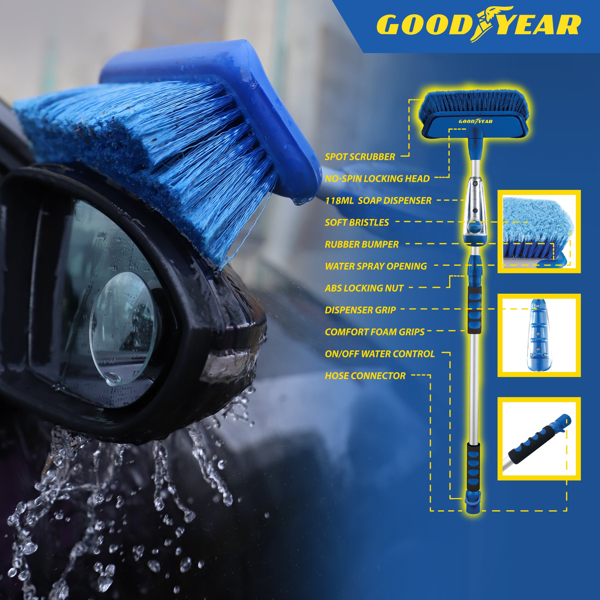 Telescopic Water Fed Wash Brush Cleaner with 118ml Soap Dispenser Extend 39