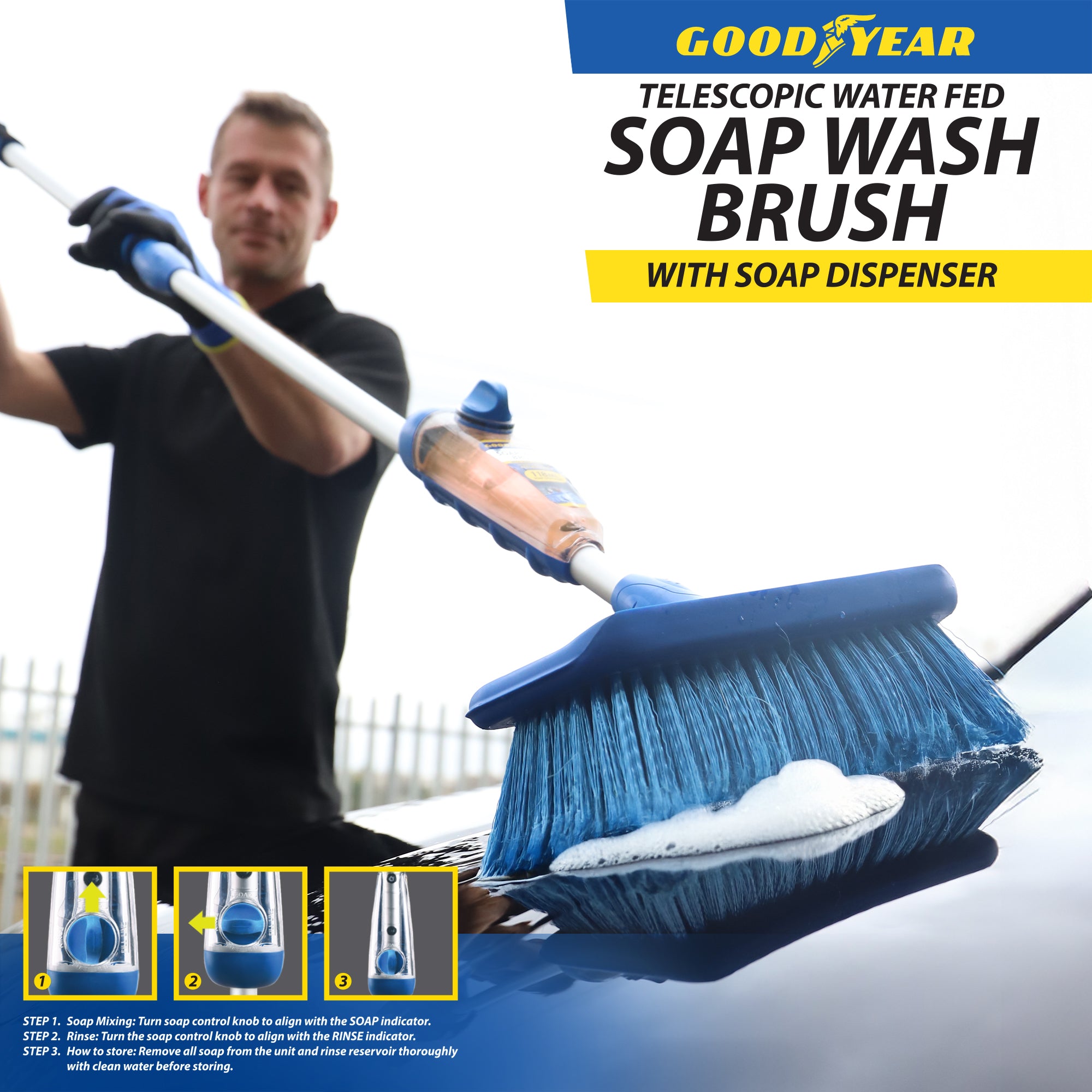 Telescopic Water Fed Wash Brush Cleaner with 118ml Soap Dispenser Extend 39