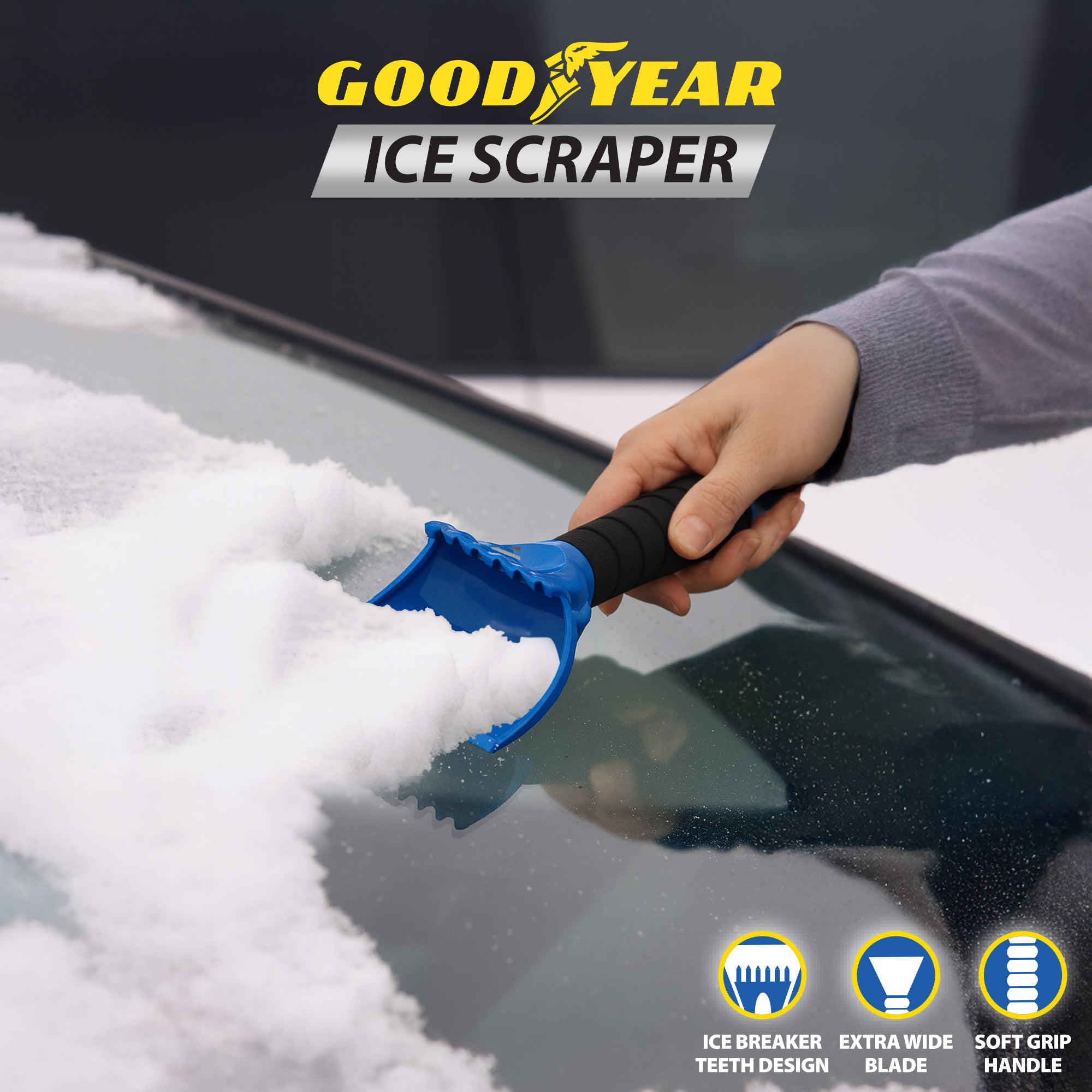 Goodyear Ice Scraper with Ice Breaker Teeth & Extra Wide Blade Soft Grip Handle