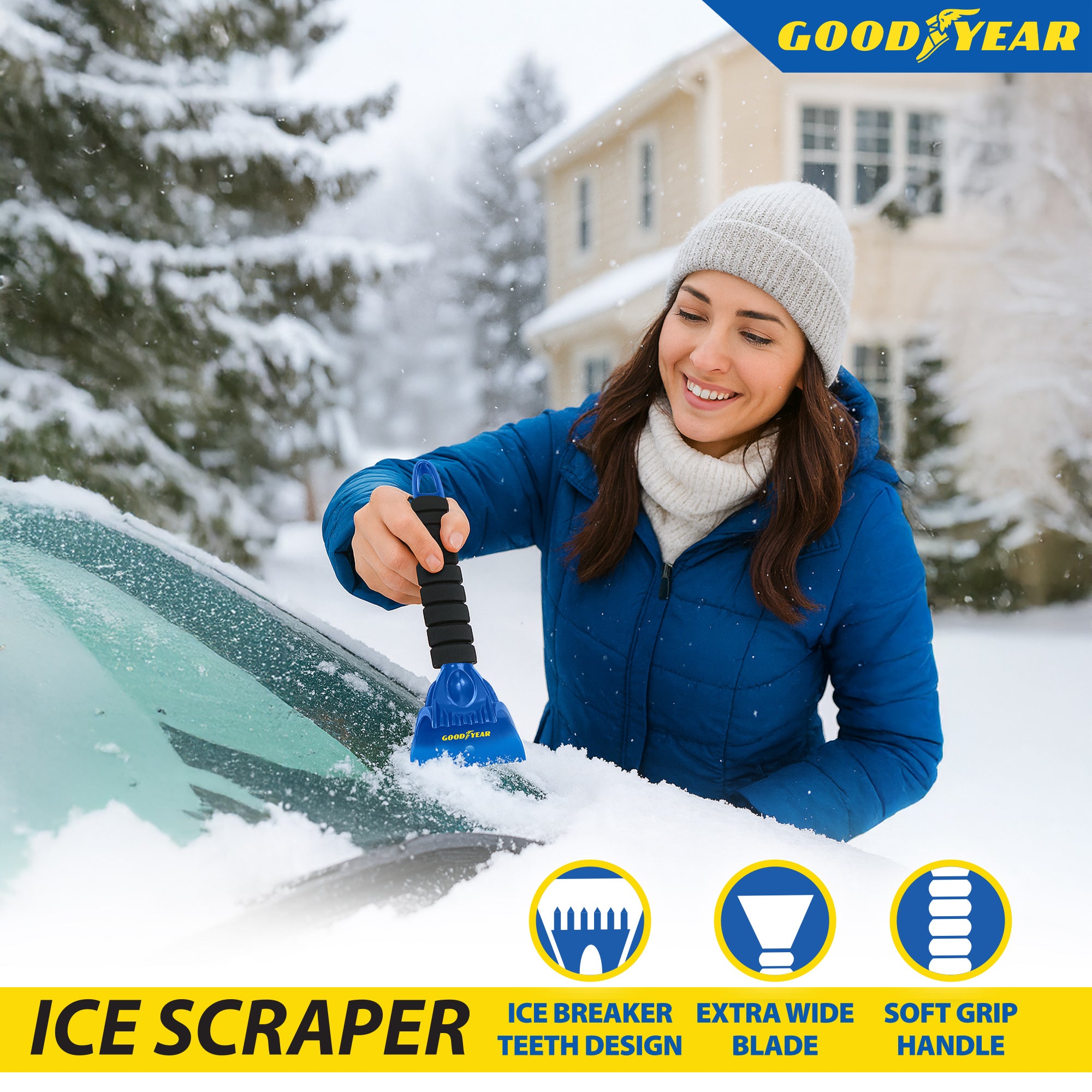 Goodyear Ice Scraper with Ice Breaker Teeth & Extra Wide Blade Soft Grip Handle