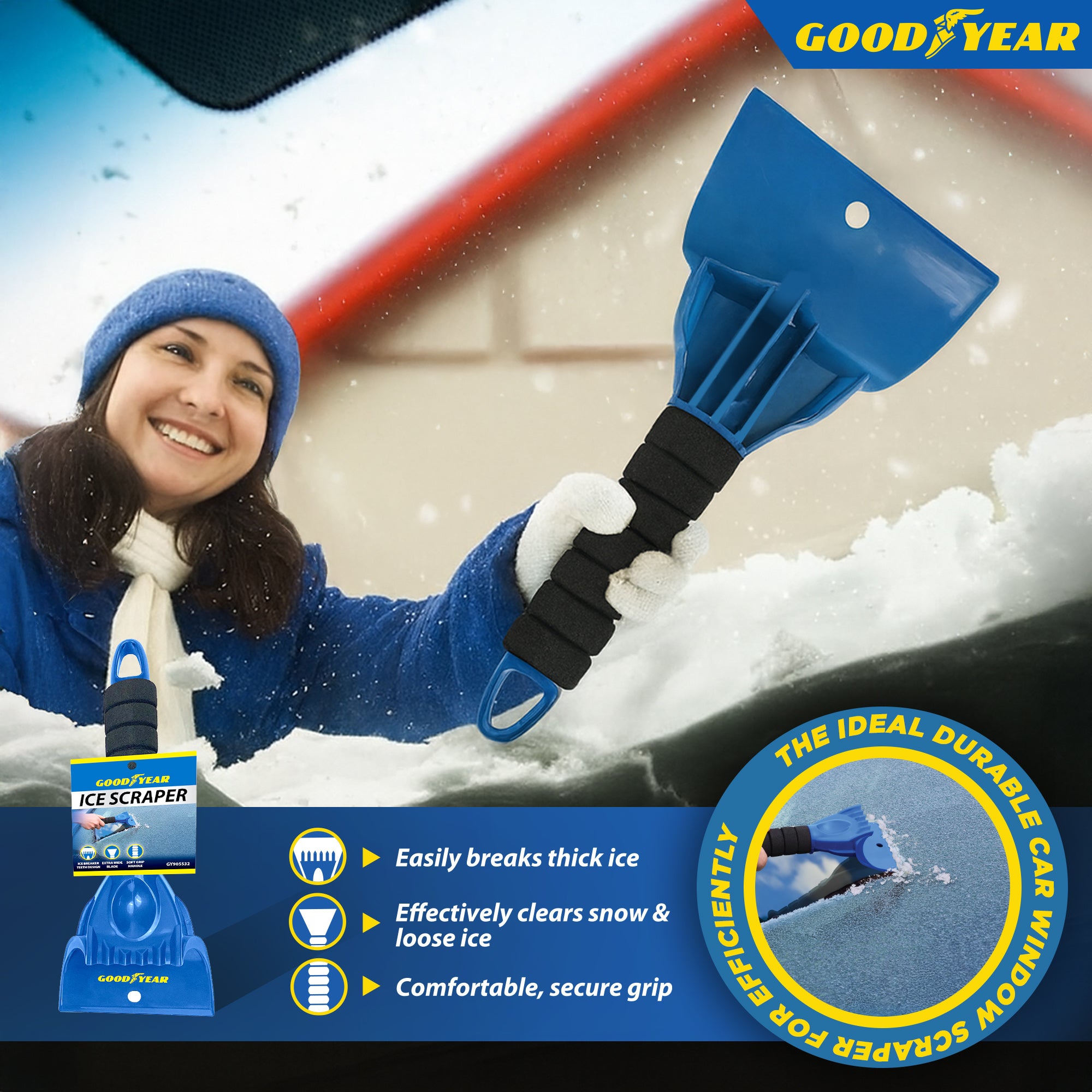 Goodyear Ice Scraper with Ice Breaker Teeth & Extra Wide Blade Soft Grip Handle