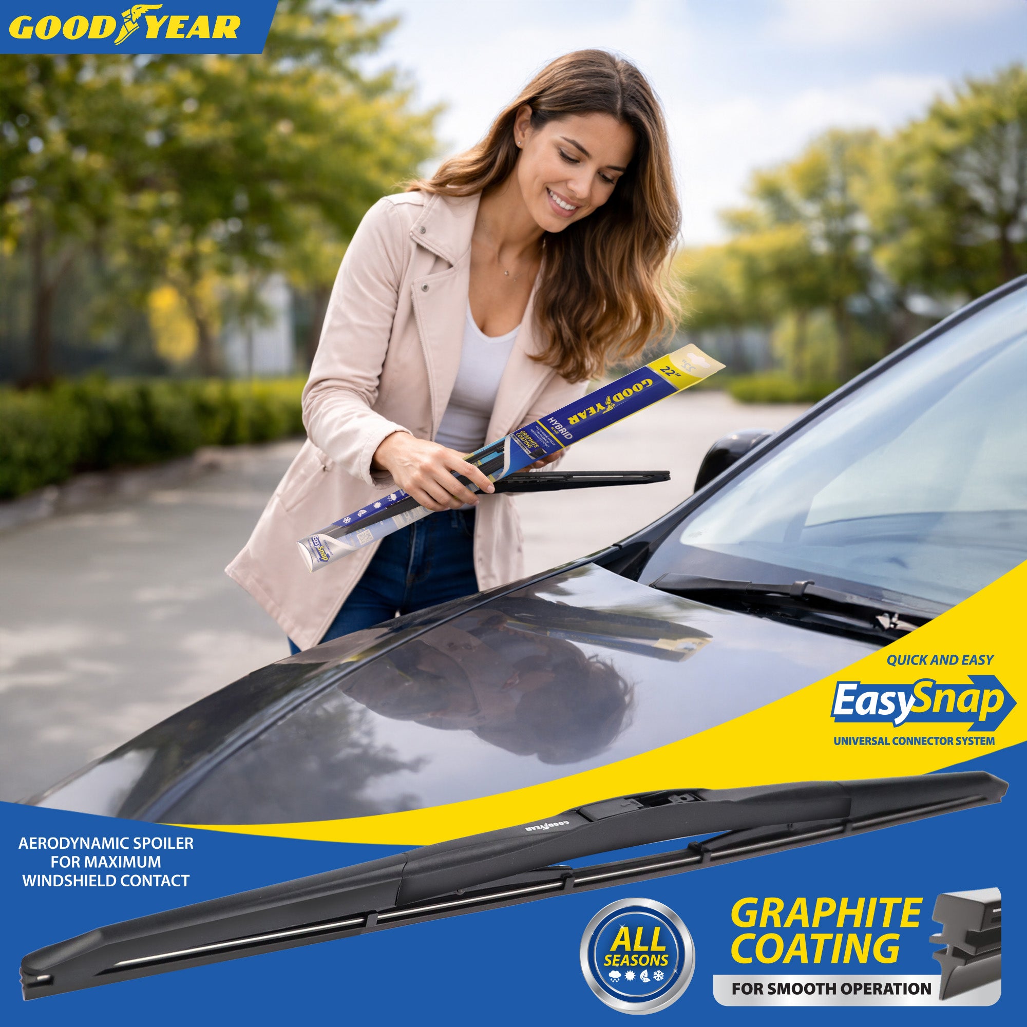 Goodyear Hybrid Windscreen Wiper Blades EasySnap Car Universal Replacement 16