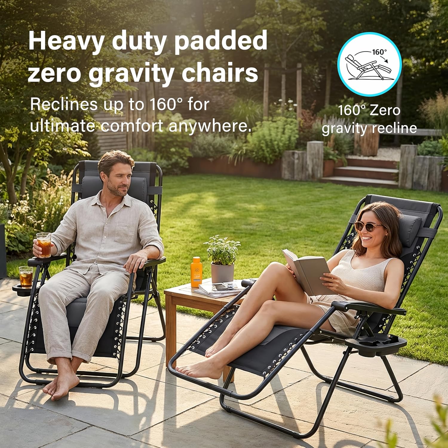 2Pcs Extra Wide Zero Gravity Chairs Luxury XXL Heavy Duty Padded Sun Lounger