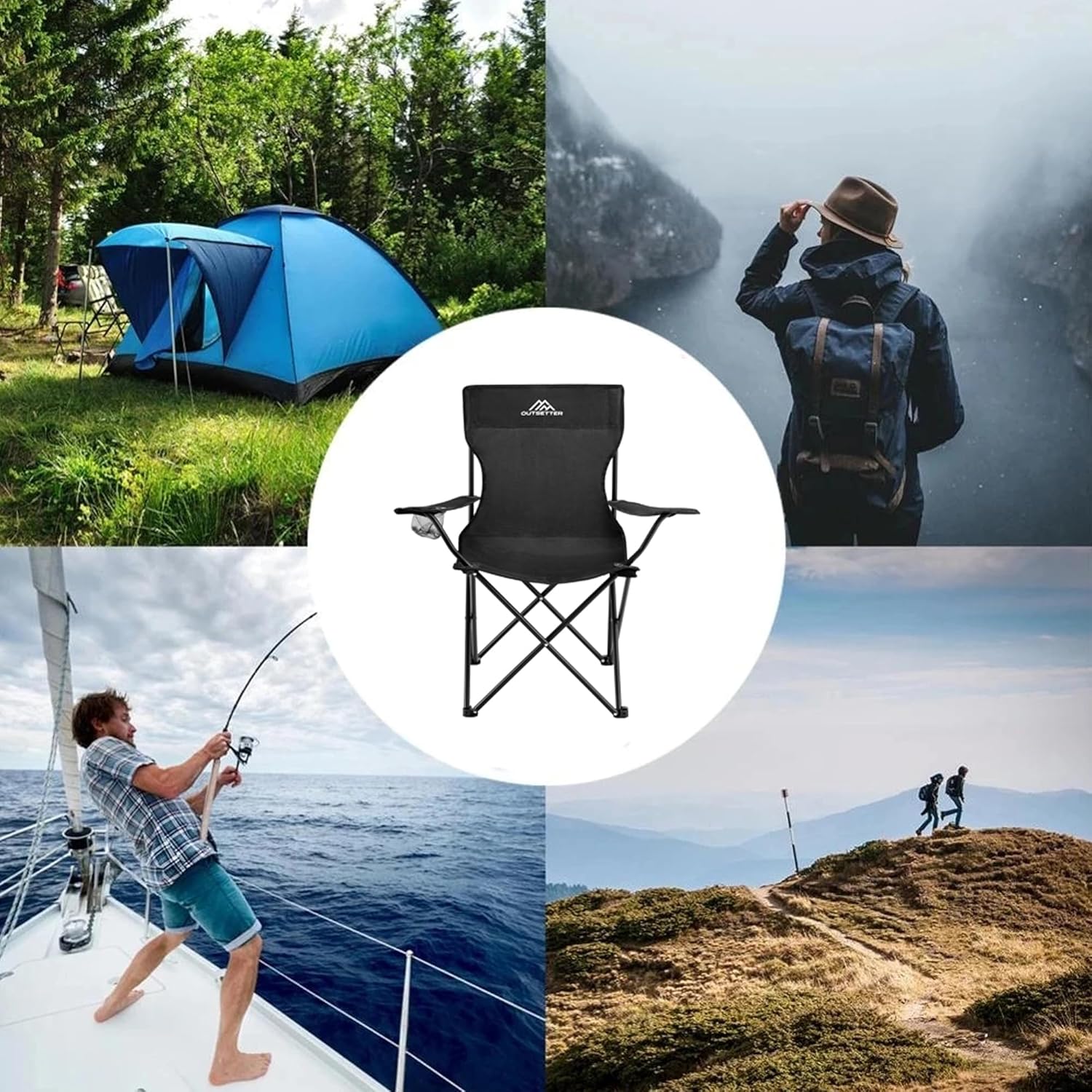 Set of 2 Camping Chairs Lightweight Folding Portable Arm Rest Outdoor Cup Holder