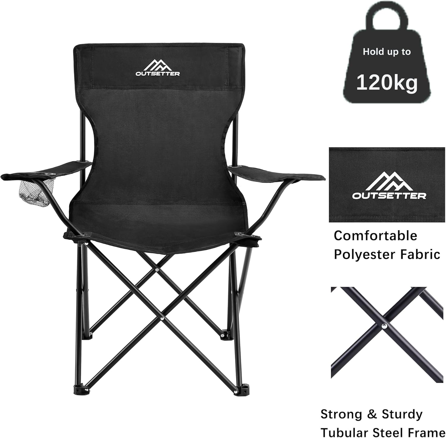 Set of 2 Camping Chairs Lightweight Folding Portable Arm Rest Outdoor Cup Holder