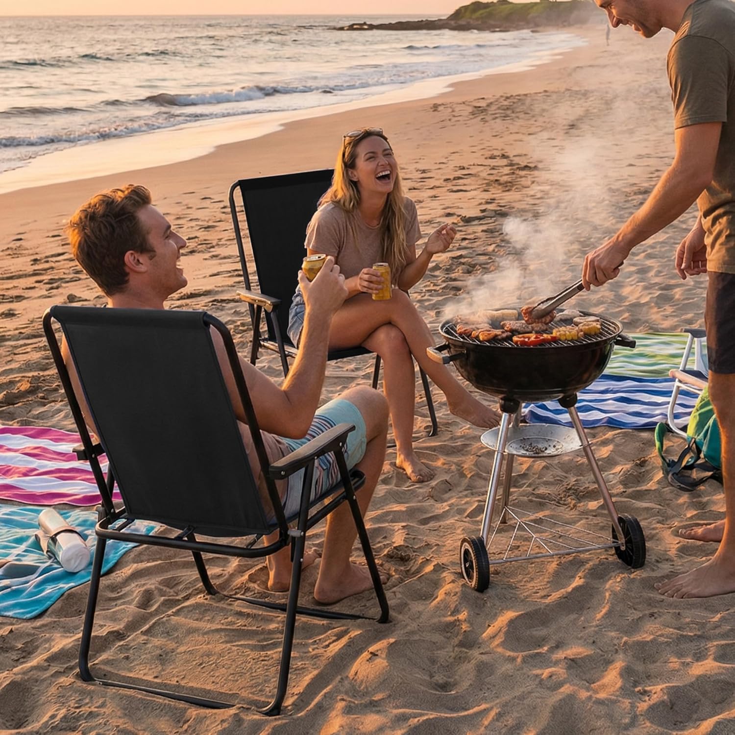 2 Pack Folding Beach Deck Chair with Armrests Portable Camping Garden Picnic