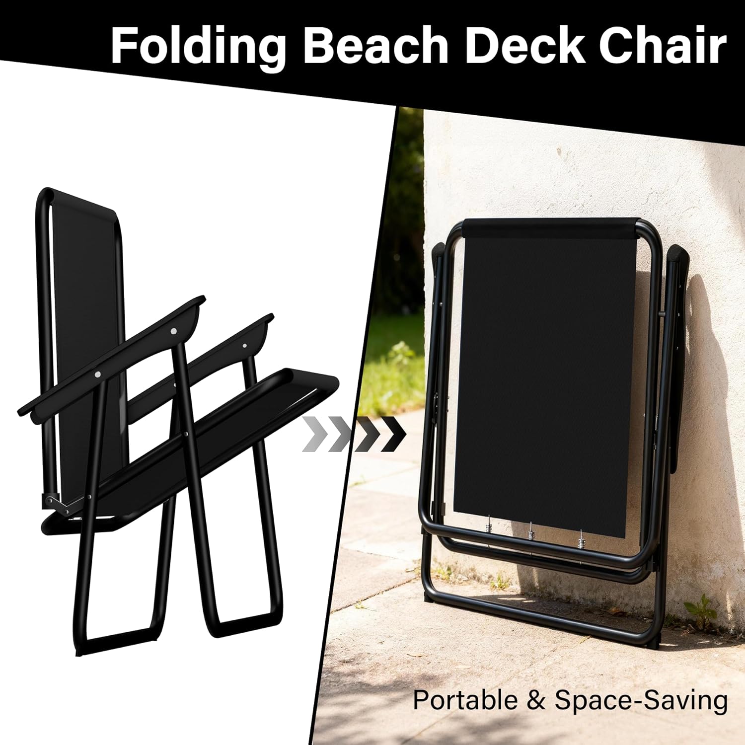 2 Pack Folding Beach Deck Chair with Armrests Portable Camping Garden Picnic