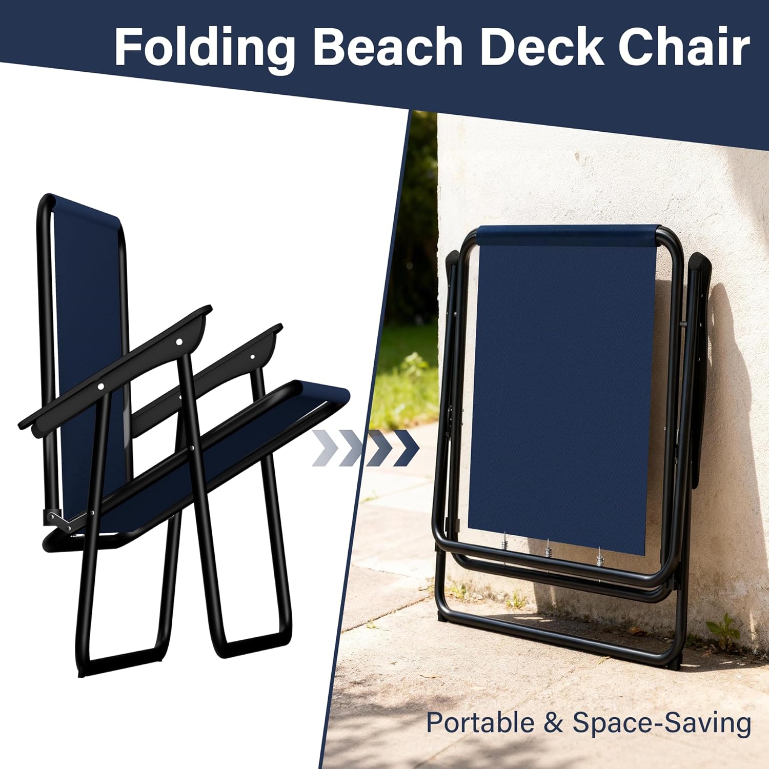 2 Pack Folding Beach Deck Chair with Armrests Portable Camping Garden Picnic