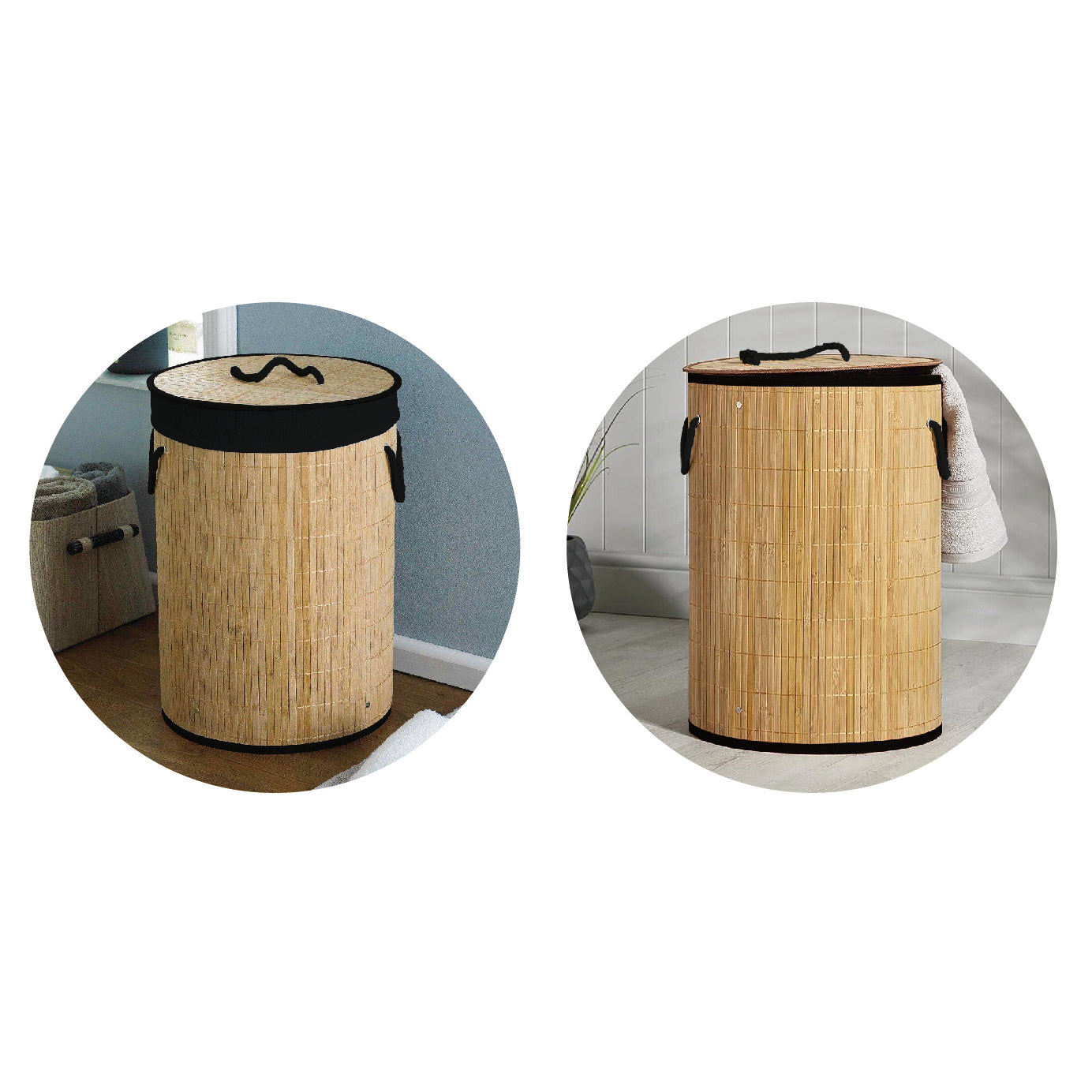 Collapsible Round Bamboo Laundry Basket with Lid Handles Foldable Hamper Store
