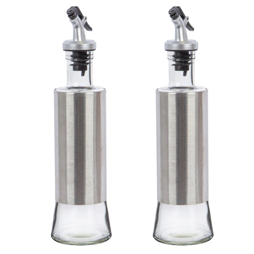 2x Silver Stainless Steel Olive Oil Bottle Cooking Vinegar Sauce Dispenser 300ml