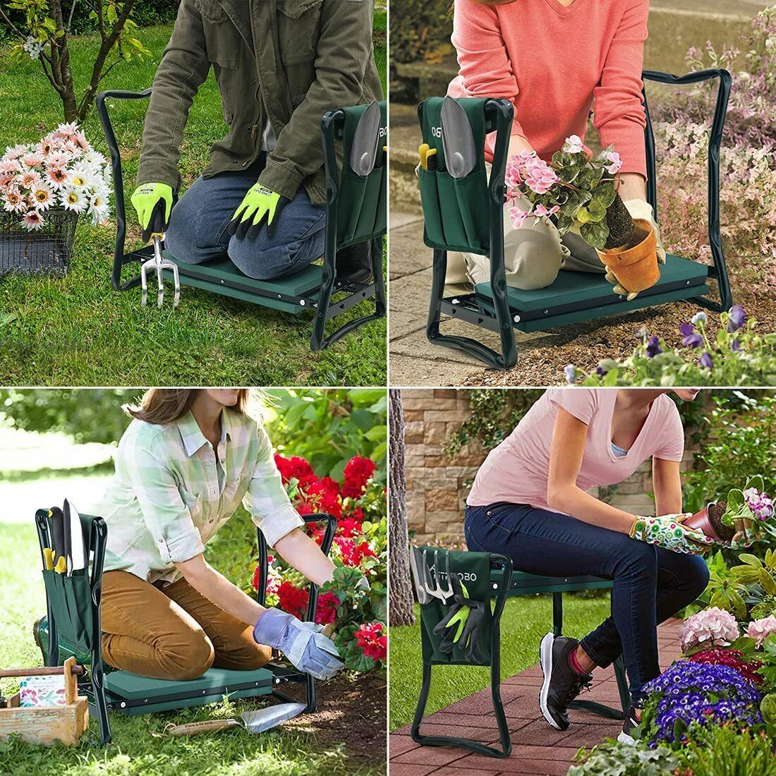 Garden Folding Kneeler Seat Chair Foam Pad Stool Steel Frame Tool Bag Gardening