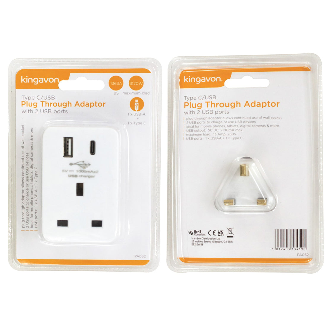 2 Way UK Plug Adapter Cable Free Extension Socket with USB or Type C port