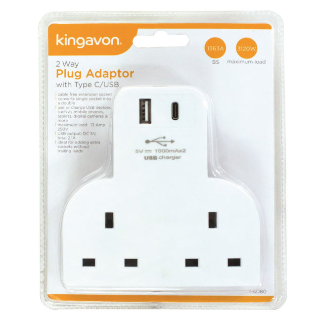 2 Way UK Plug Adapter Cable Free Extension Socket with USB or Type C port