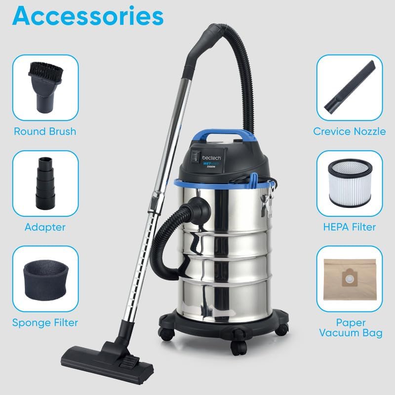 1500W Wet and Dry Vacuum Carpet Cleaner 30 Litre Stainless Steel 4 Castor Wheels