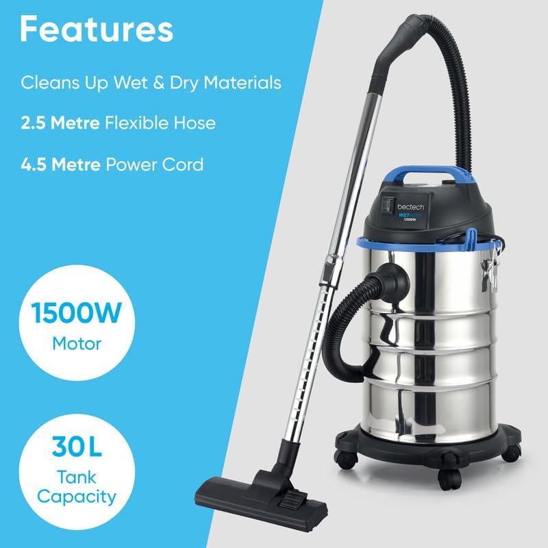 1500W Wet and Dry Vacuum Carpet Cleaner 30 Litre Stainless Steel 4 Castor Wheels