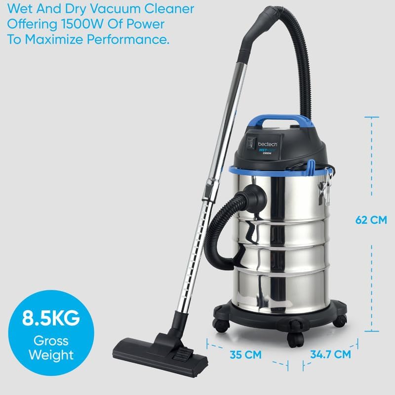 1500W Wet and Dry Vacuum Carpet Cleaner 30 Litre Stainless Steel 4 Castor Wheels