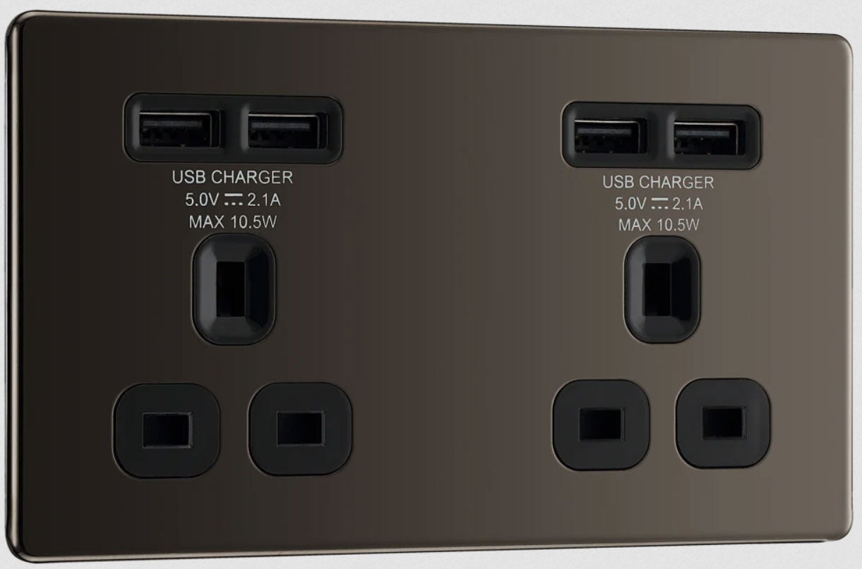 BG Black Nickel Double Plug Wall Socket 4 USB Ports Screwless Faceplate Flush