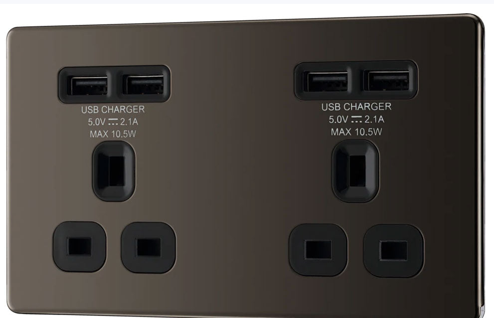 BG Black Nickel Double Plug Wall Socket 4 USB Ports Screwless Faceplate Flush