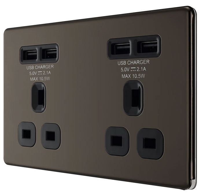 BG Black Nickel Double Plug Wall Socket 4 USB Ports Screwless Faceplate Flush