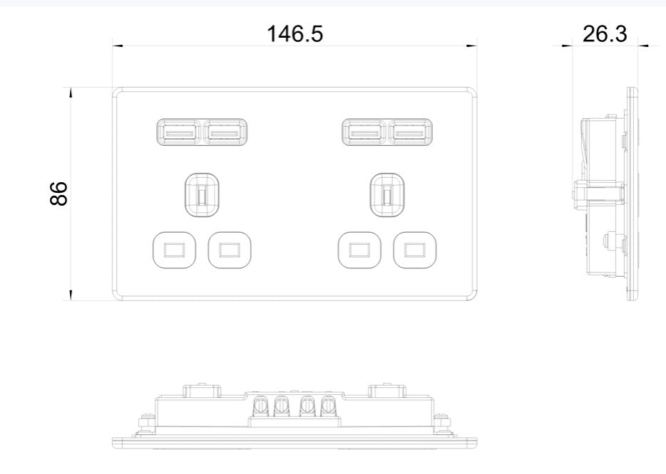 BG Black Nickel Double Plug Wall Socket 4 USB Ports Screwless Faceplate Flush