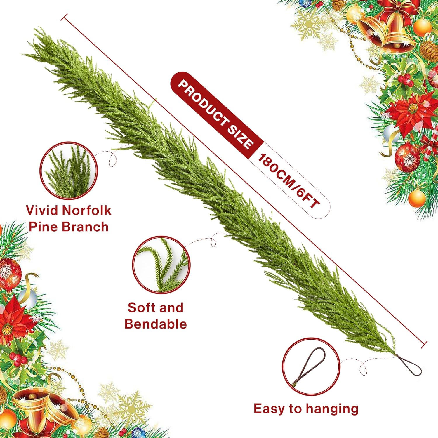 6ft/9ft Christmas Norfolk Pine Garland Artificial Green Decoration Mantle Stairs