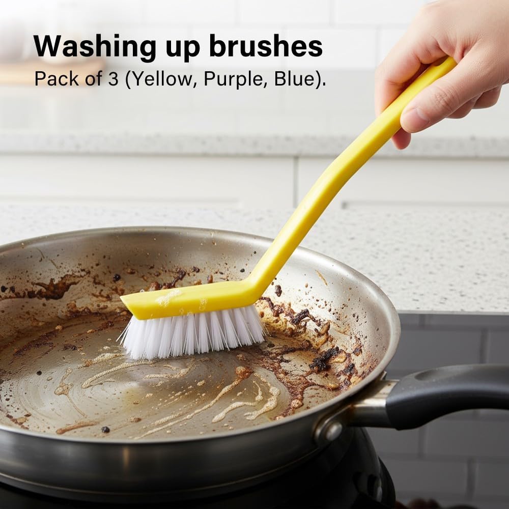 3Pcs Washing Up Brushes Non Slip Grip Built In Scraper Hanging Hole Cleaning