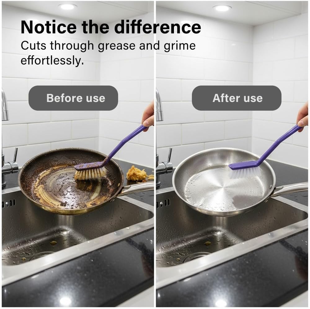 3Pcs Washing Up Brushes Non Slip Grip Built In Scraper Hanging Hole Cleaning