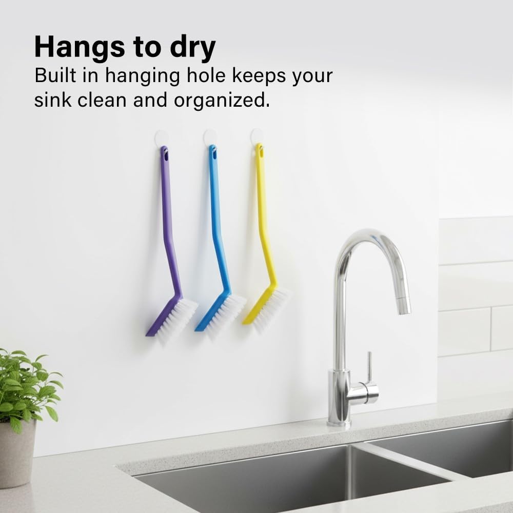 3Pcs Washing Up Brushes Non Slip Grip Built In Scraper Hanging Hole Cleaning