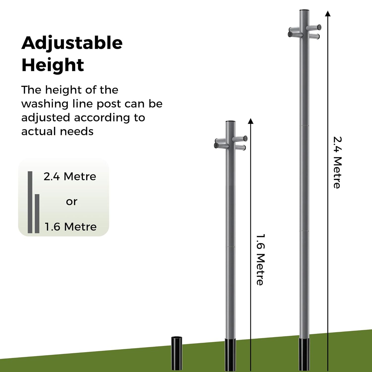 2.4m Washing Line Post Extendable Clothes Drying Pole with Ground Socket Steel