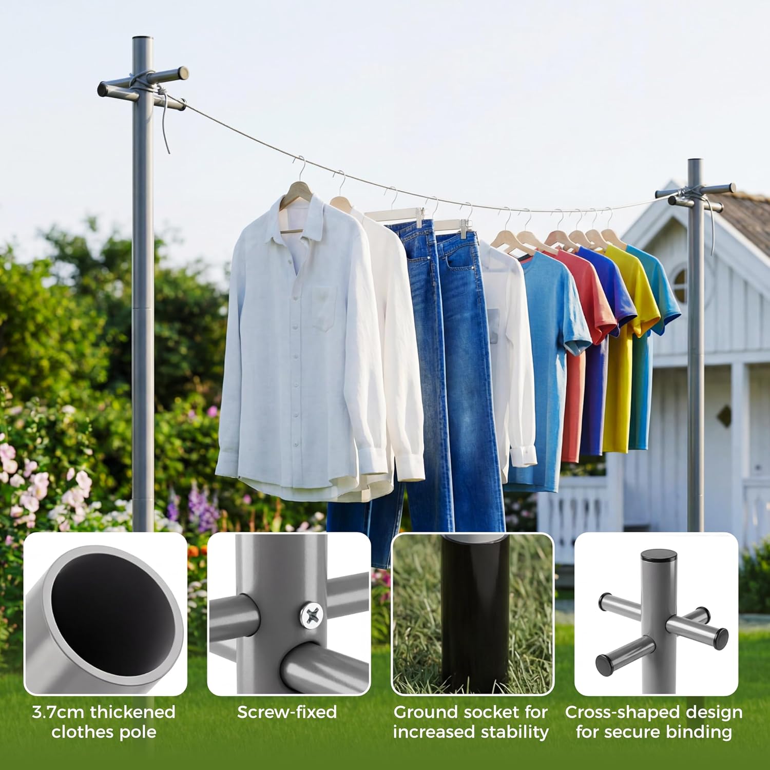 2.4m Washing Line Post Extendable Clothes Drying Pole with Ground Socket Steel