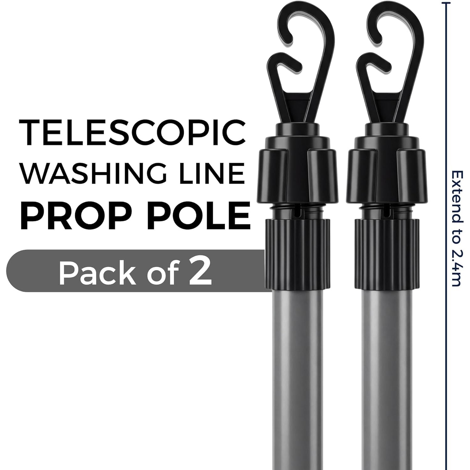 2.4m Telescopic Washing Drying Line Prop Pole Metal Clotheslines Laundry Support