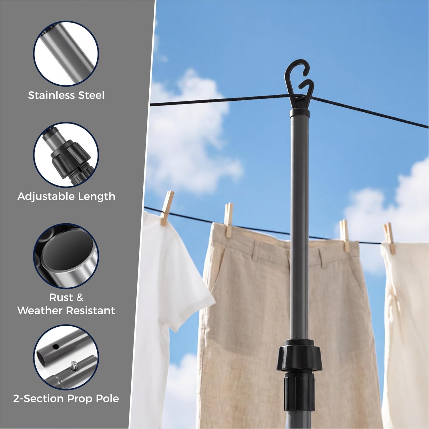 2.4m Telescopic Washing Drying Line Prop Pole Metal Clotheslines Laundry Support