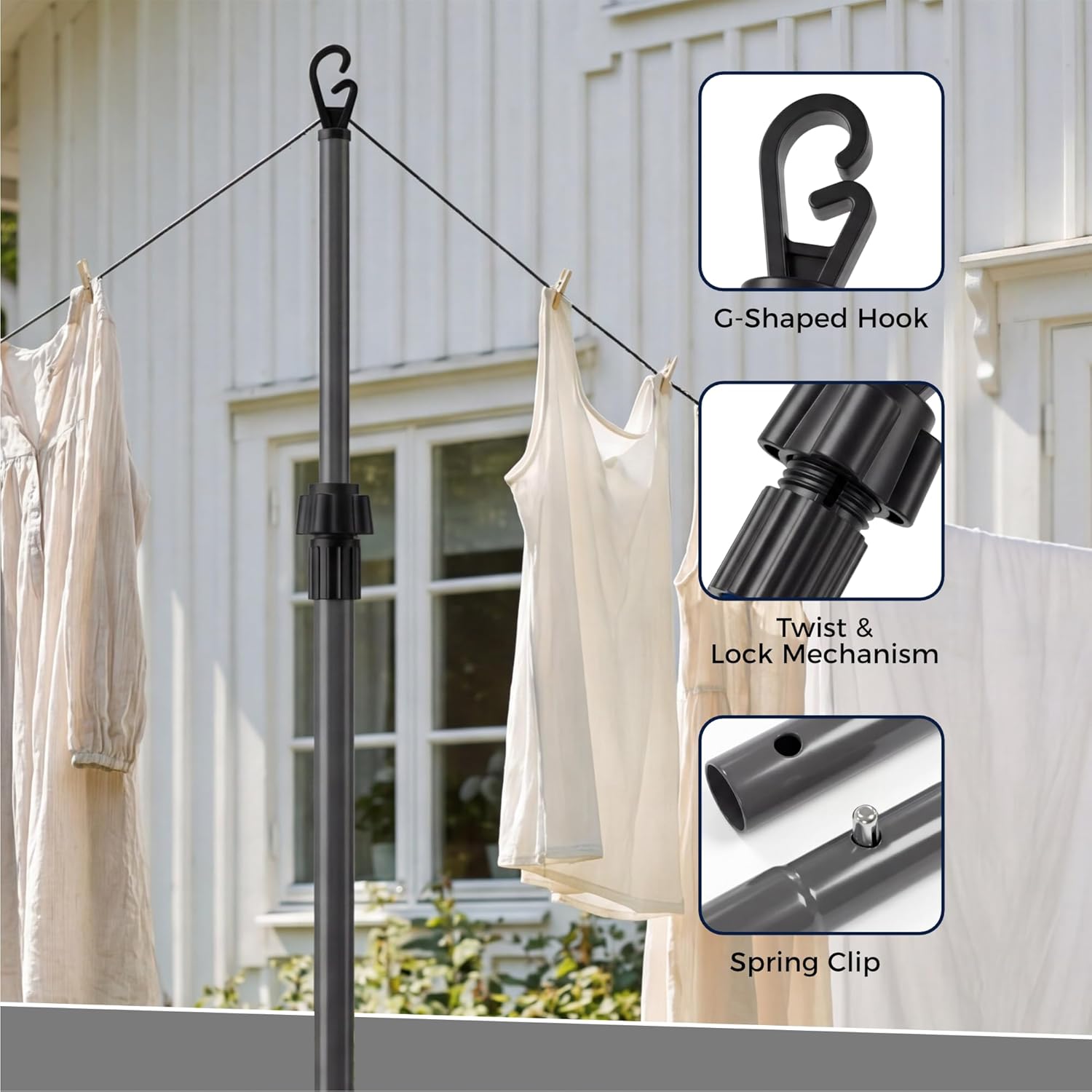 2.4m Telescopic Washing Drying Line Prop Pole Metal Clotheslines Laundry Support