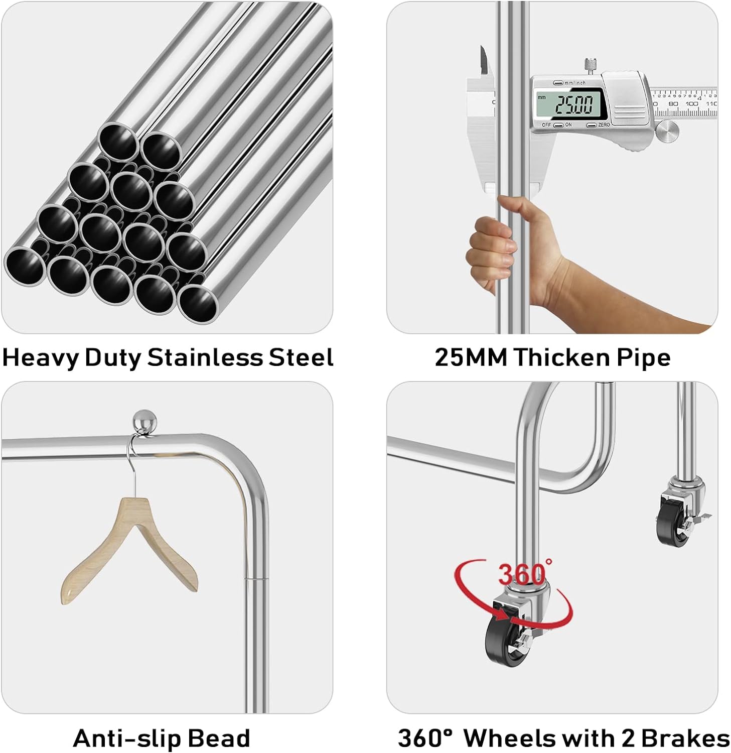 Heavy Duty Clothes Hanging Rail Rack for Bedroom Open Wardrobe on Wheels