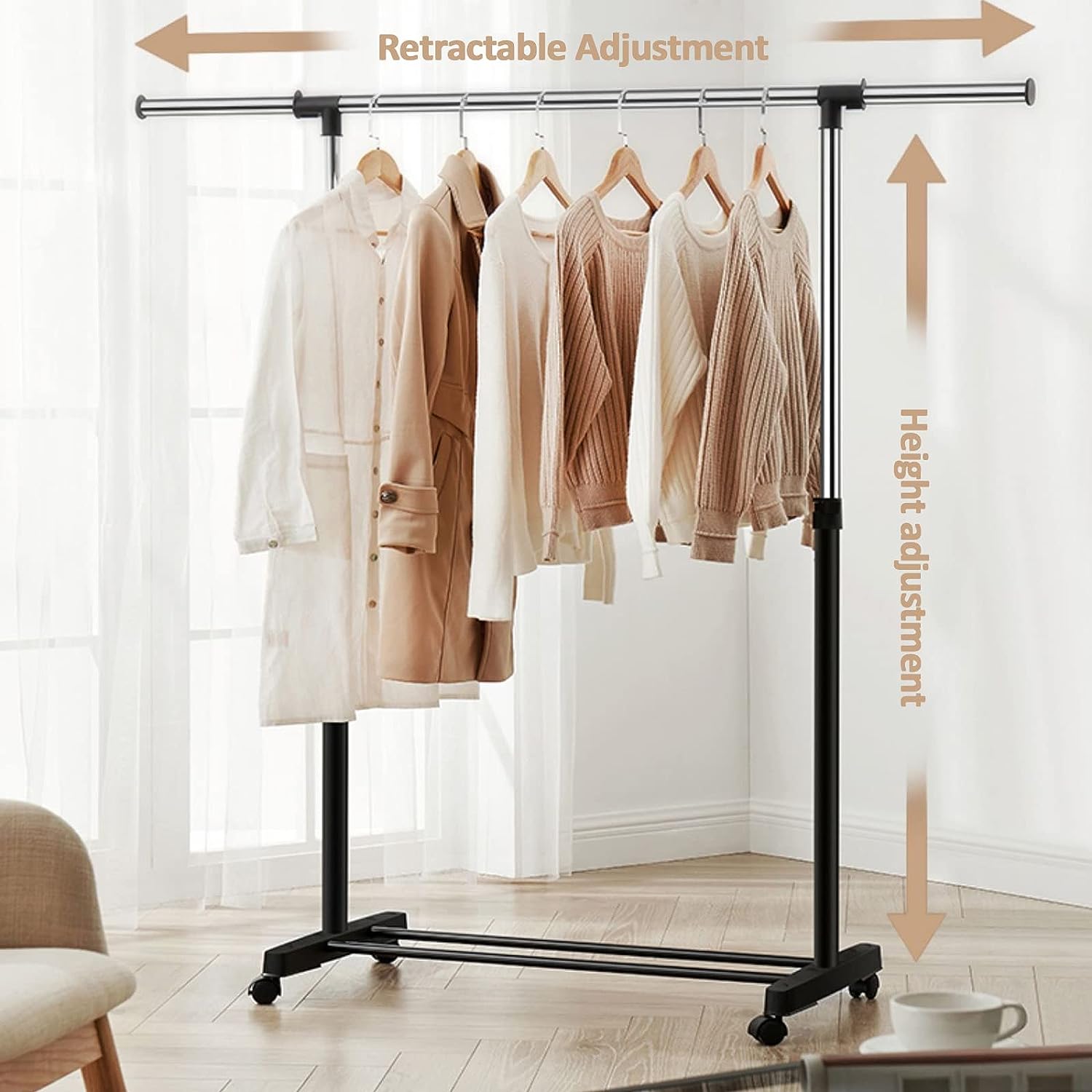 Adjustable Mobile Tidy Coat Garment Clothing Hanging Rail Rack Stand Wheels