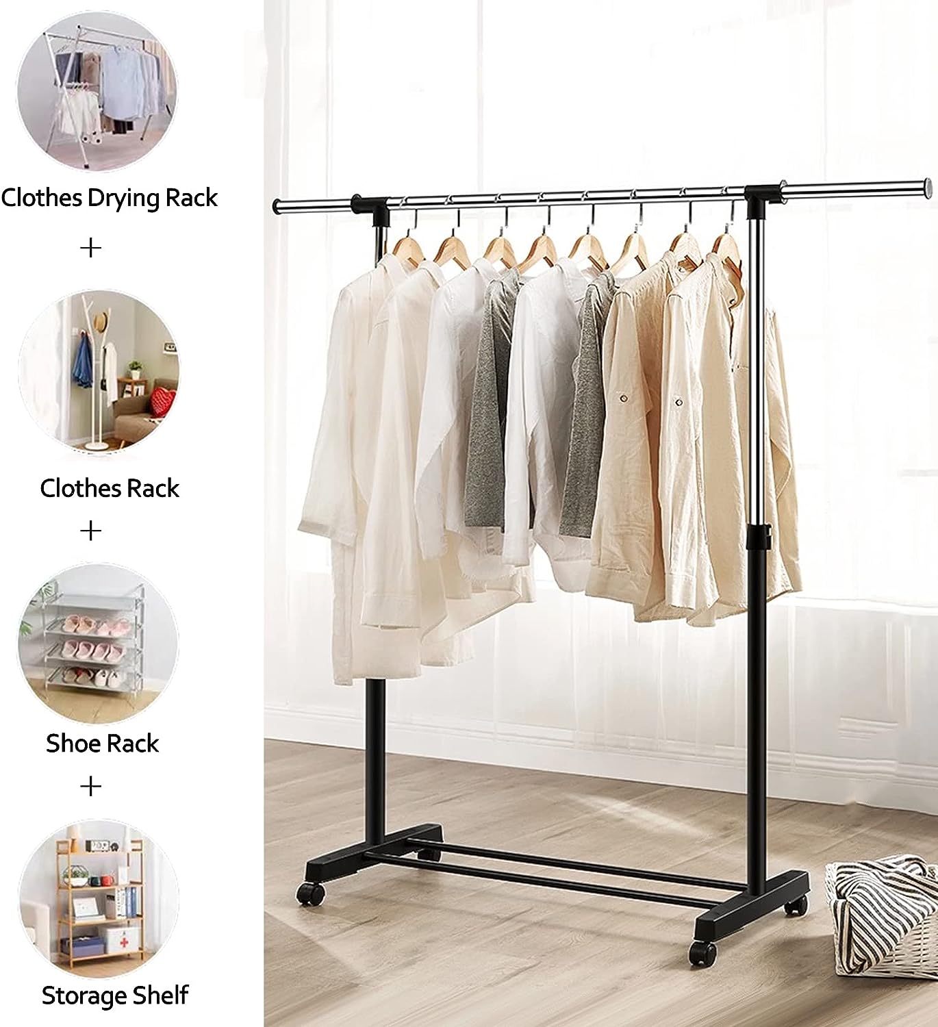 Adjustable Mobile Tidy Coat Garment Clothing Hanging Rail Rack Stand Wheels