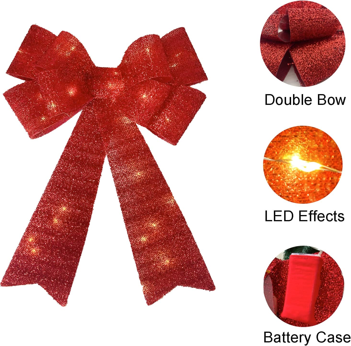 Large Bows Christmas Tree Decoration with 30 Warm LED Lights Glitter Wreath Xmas