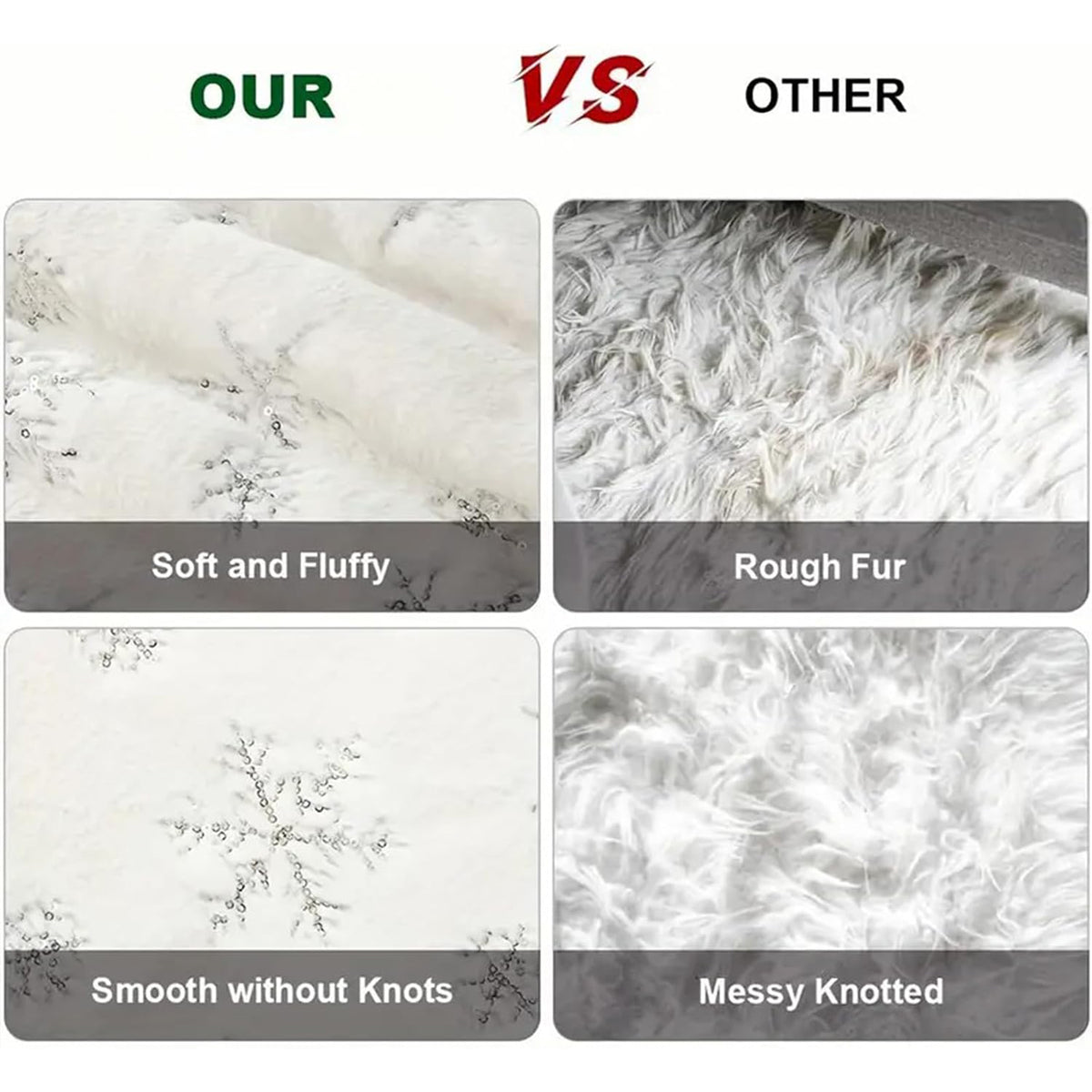 90cm White Faux Fur Christmas Tree Skirt Snowflake Design Silver Sequin Xmas Mat