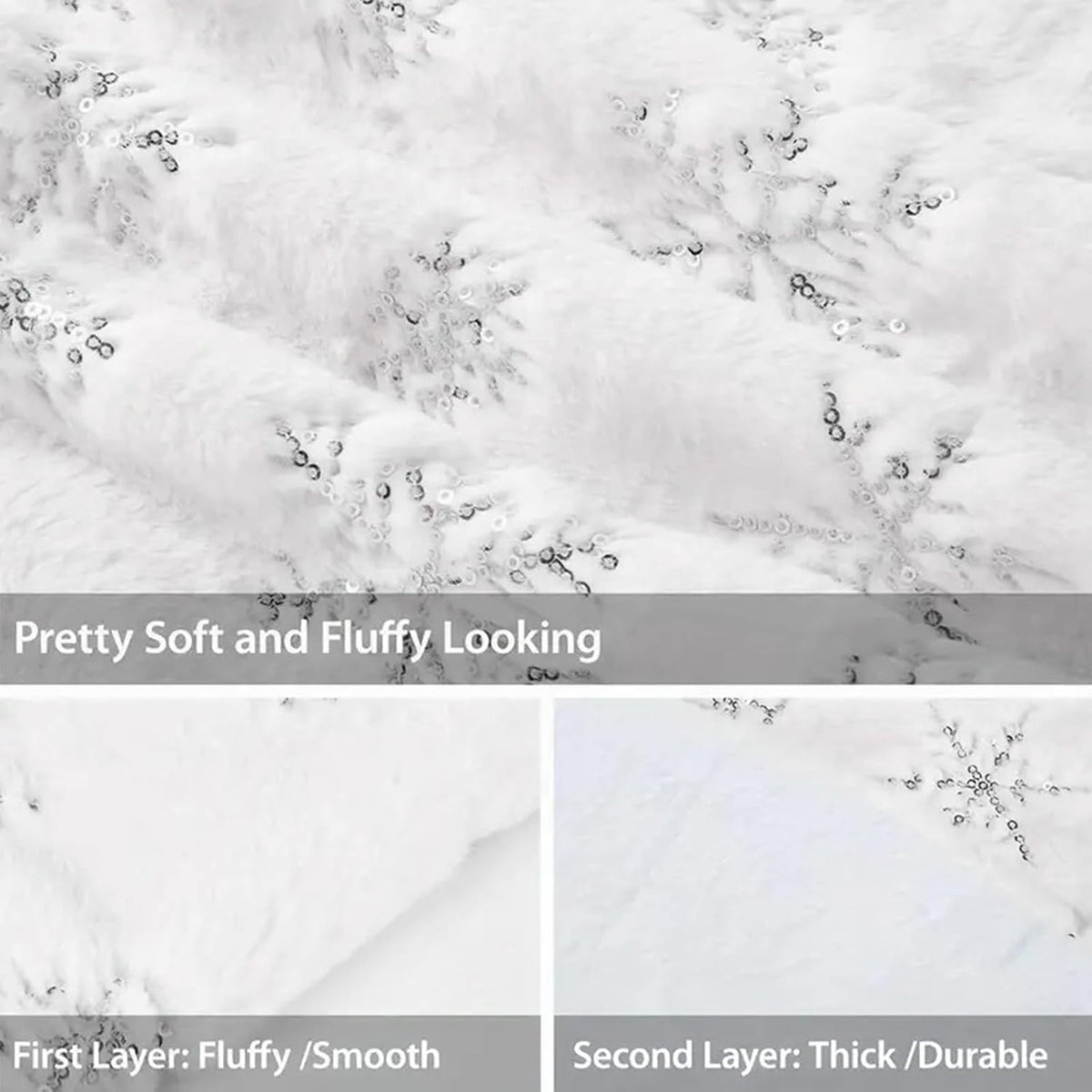 90cm White Faux Fur Christmas Tree Skirt Snowflake Design Silver Sequin Xmas Mat