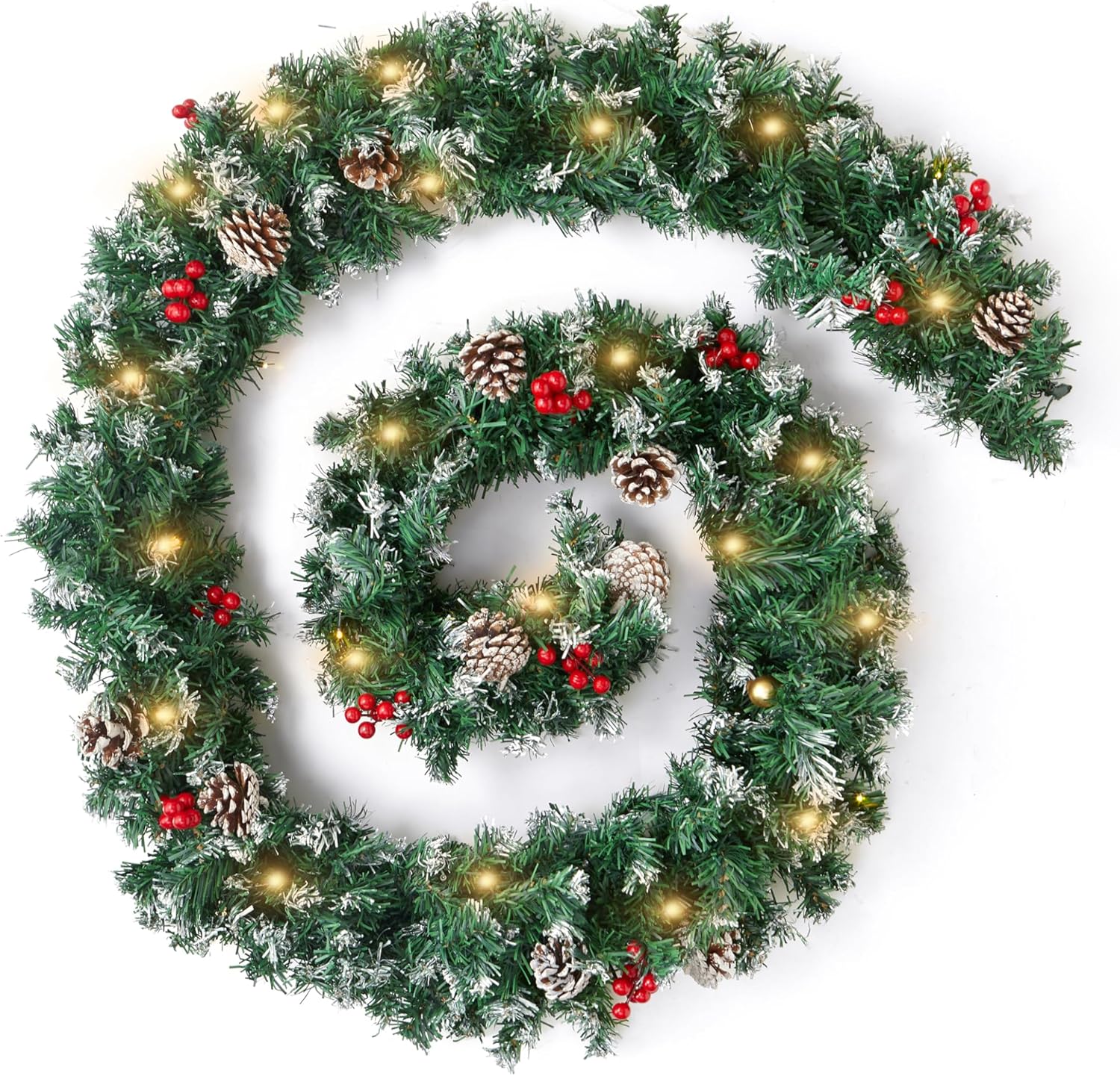 9FT Pre-Lit Christmas Garland Snow Tipped Green Pine Pinecone Red Berries Wreath