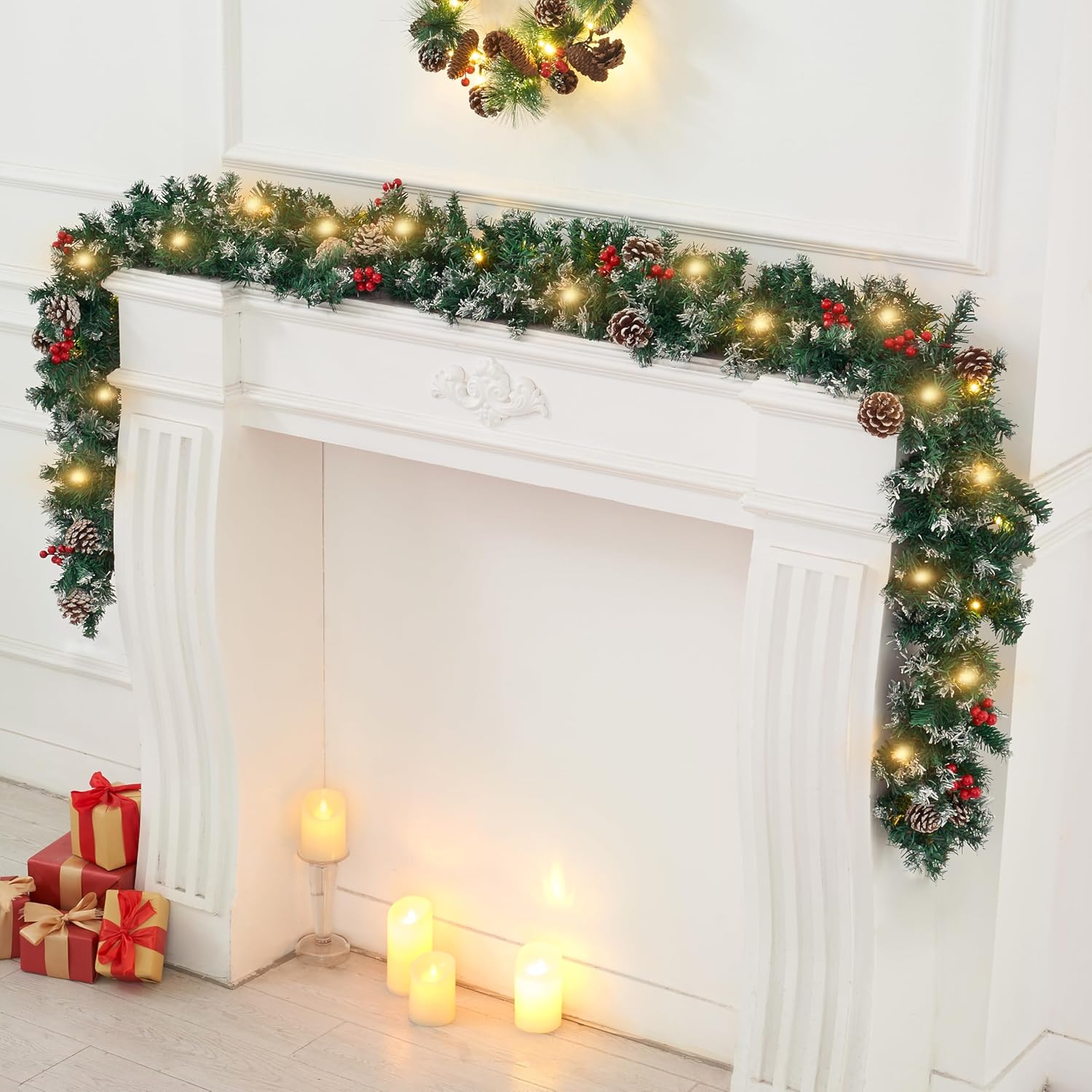 9FT Pre-Lit Christmas Garland Snow Tipped Green Pine Pinecone Red Berries Wreath